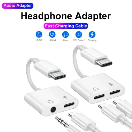 Adaptador de Áudio 2 em 1 USB C para Jack 3,5 mm