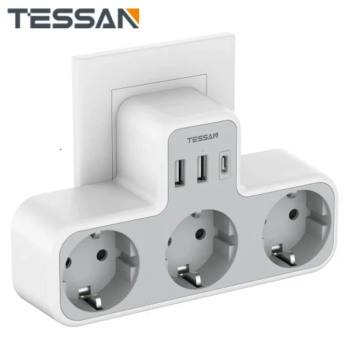 Adaptador de tomada de tomada de energia da UE TESSAN com 3 saídas CA + 2 portas USB + 1 tipo C