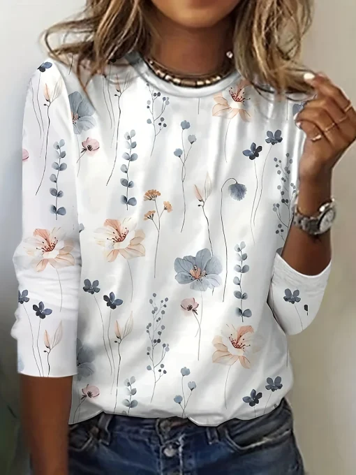 Blusa Casual Estampa Floral Manga Longa PPrimavera Outono