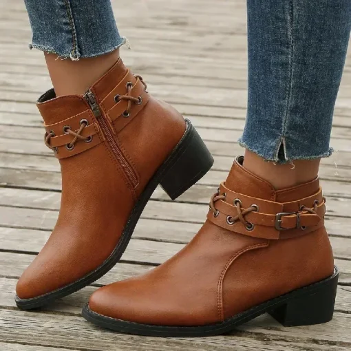 Botas femininas curtas de cano curto de couro PU