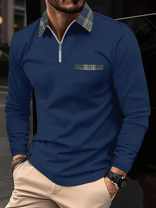 Camisa Polo com Gola e Bolso com Zíper para Homens da Primavera e Outono