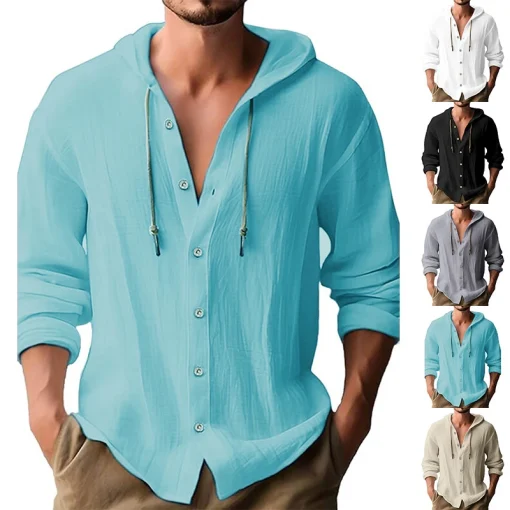 Camisa masculina de linho verão Streetwear sólido com capuz de manga comprida cardigan roupas para homens