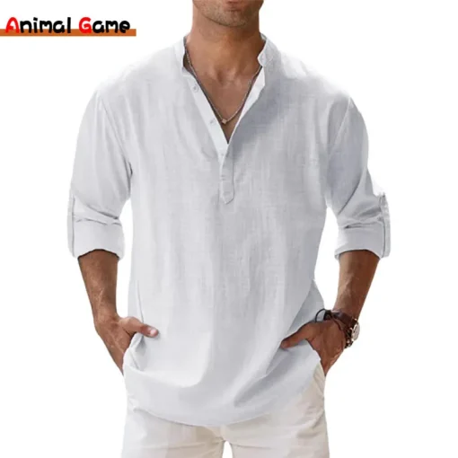 Camisas casuais de linho e algodão masculinas