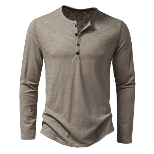 Camiseta masculina Henley pescoço botão algodão manga longa casual botão cor sólida moda