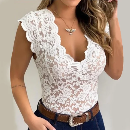 Camiseta sem mangas feminina decote em V sexy renda casual