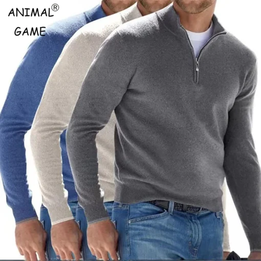 Camisola Masculina Outono Suéter Quente Cor Lisa Zíper Meio Casual Suéter Fino Decote Em V Manga Longa Masculina