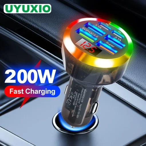 Carregador de celular para carro USB C transparente UYUXIO 6 em 1