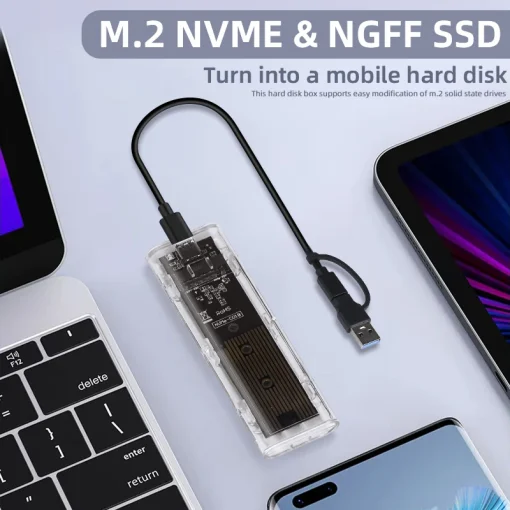 Case externo transparente SSD M.2 NVME PCIe NGFF SATA 10Gbps