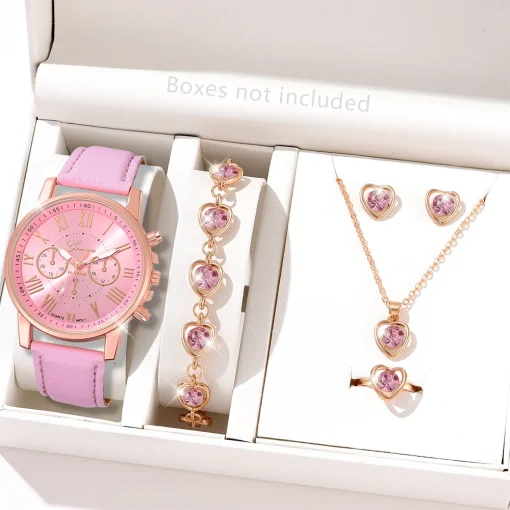 Conjunto de relógio feminino rosa 6 peças