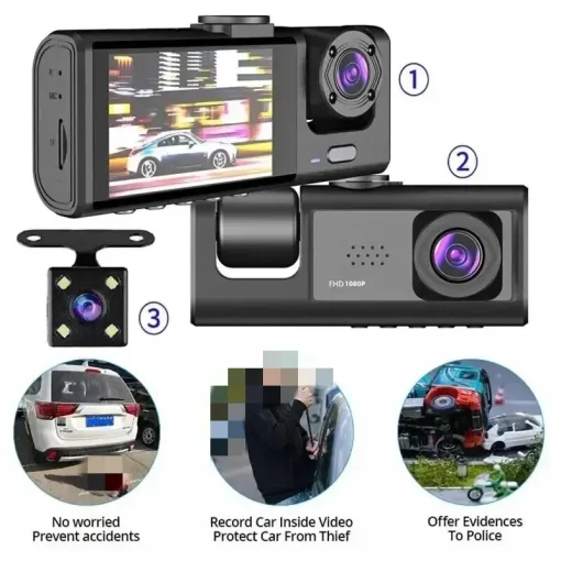 Dashcam interna de 3 lentes com DVR de carro de canal 3 HD 1080P