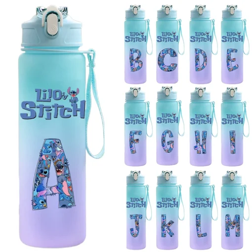 Garrafa de água Lilo & Stitch de 750 ml, estampa de carta A-Z