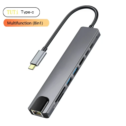 HUB USB-C 8 em 1, 100 Mbs RJ45, HDMI 4K