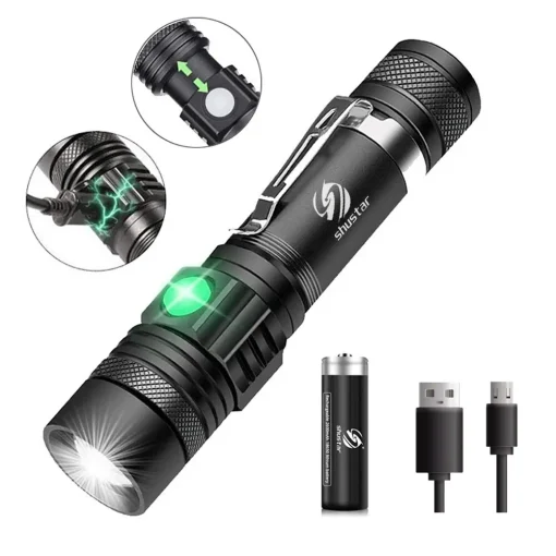 Lanterna LED Potente Zoomável com Lâmpada T6, À Prova d'Água, 4 Modos, Carregador USB Multifuncional