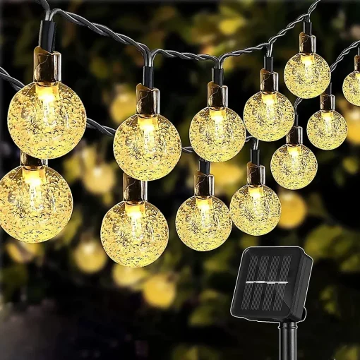 Luzes de Fio de LED Bola de Cristal Solar 60 LED 8 Modos de Iluminação IP65 Cordão de Luzes Natalinas para Decoração de Festas de Jardim