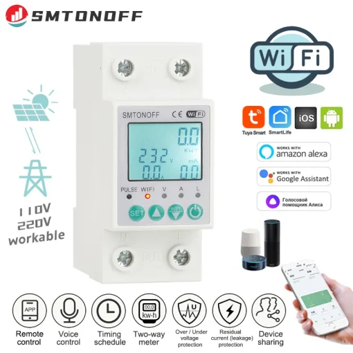 Medidor de kWh pré-pago bidirecional Tuya WiFi 2P 63A