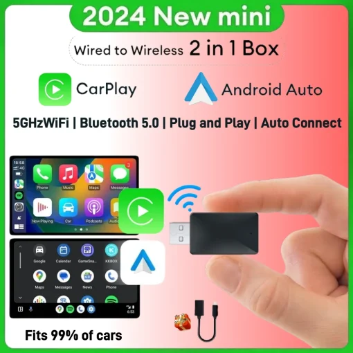 Mini 2 em 1 Ai Box Cabo para CarPlay sem fio e adaptador Android Auto