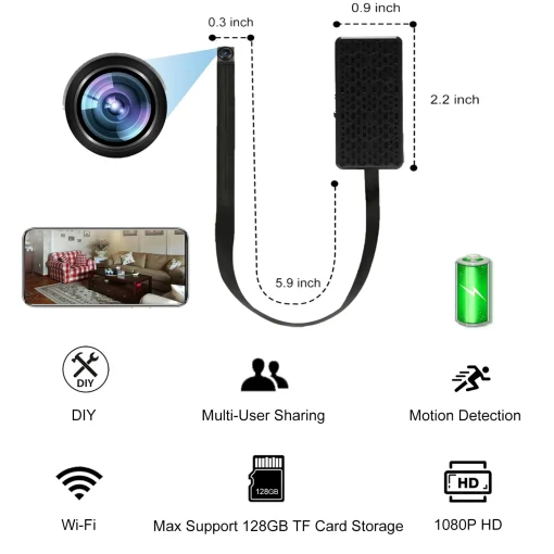 Mini câmera HD DIY, conexão Wi-Fi com detecção de movimento, visualização remota e gravação