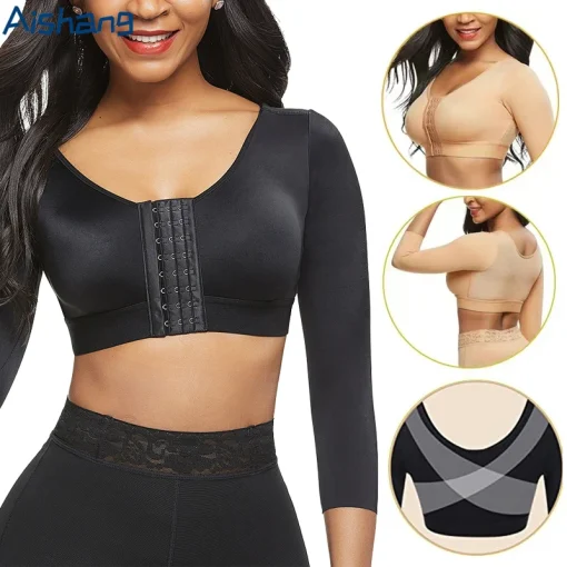 Modelador de braço pós-cirurgia feminino com sutiã push up, manga longa e compressão