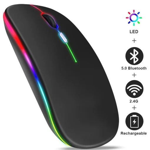 Mouse sem fio Bluetooth recarregável RGB para tablet, PC, laptop, 2,4 GHz, USB