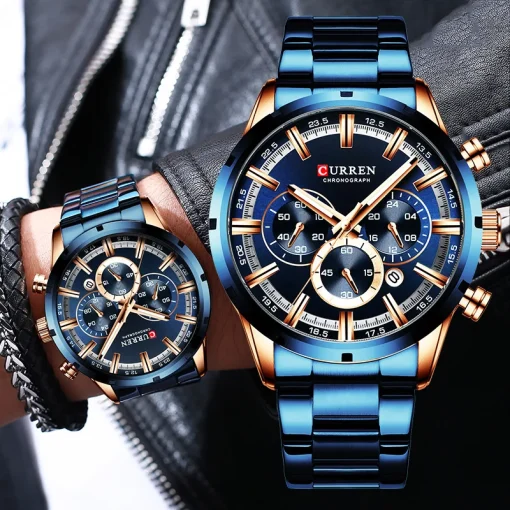 Relógio Masculino Curren Azul Pulseira Aço Inox