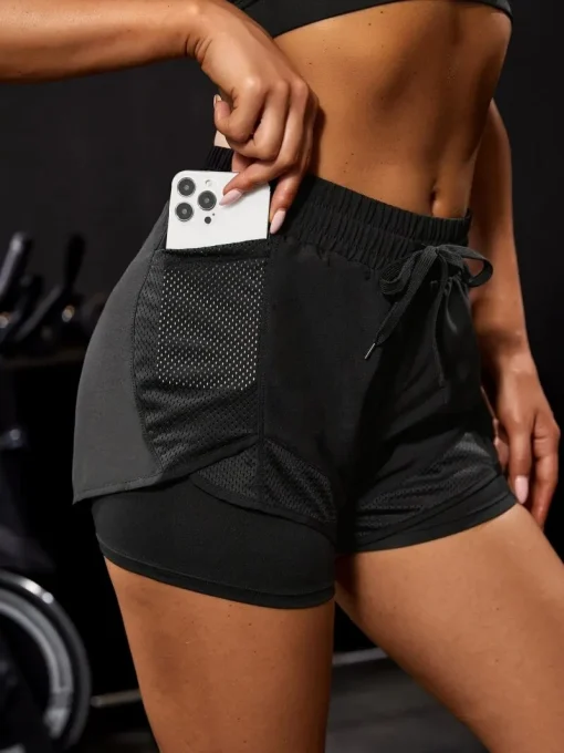 Shorts Elásticos Esportivos Femininos, Shorts C Bolsos, Calça Yoga Fake Duas Peças Corrida