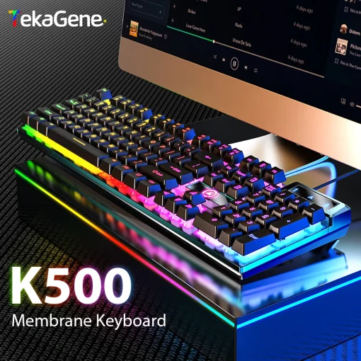 Teclado metálico com fio K500 para jogos de escritório para computador com Windows e IOS, laptop de 104 teclas, membranas com sensação mecânica