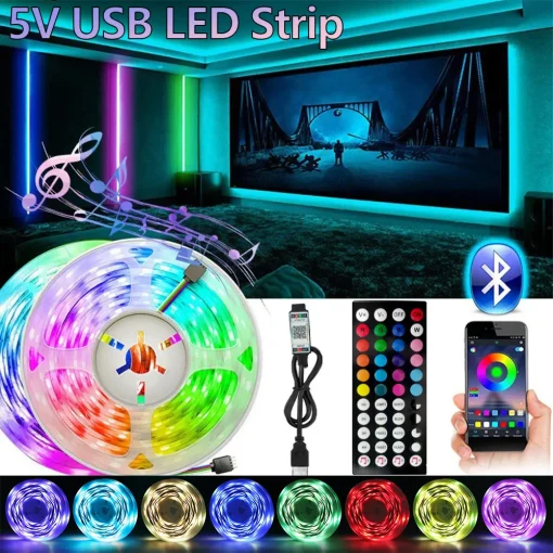 Tira de LED RGB USB de 50 cm, APP com Controle Remoto de 44 Teclas, Adequada para Quarto, Sala de Estar, Cozinha, Decoração de Esports, Luz Noturna