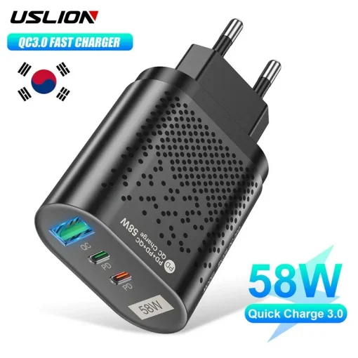 USLION Carregador USB C 58W Viagem Carregamento Rápido Adaptador de Telefone Móvel Pade PD PD Quick Charge 3.0