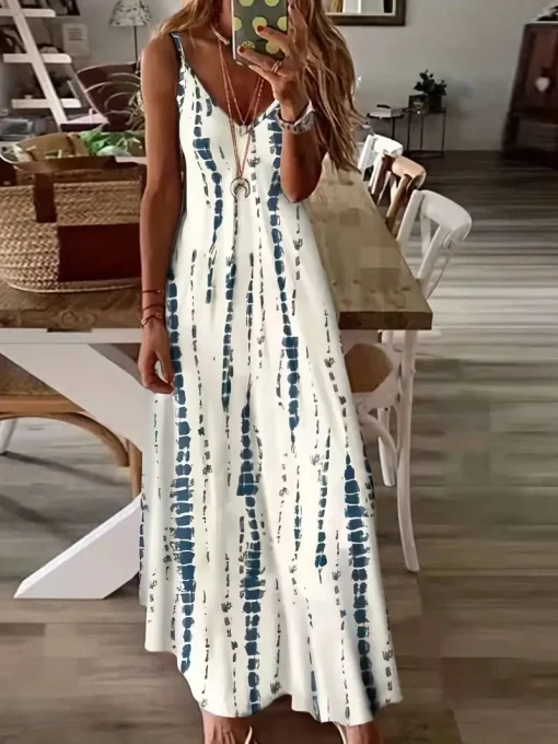 Vestido Longo Casual Feminino Soltinho De Amarrar Com Estampa Tie Dye E Decote V Para Verão E Praia