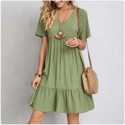 Vestido Peplum de Verão Feminino com Decote V de Primavera, Mangas Curtas, Cintura Solta e Ruffle