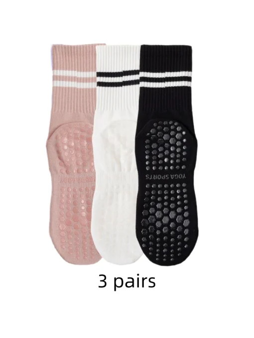 3 pares de meias de yoga, meia tamanho médio, algodão puro antiderrapante de silicone para fitness indoor pilates, meia esportiva atacado feminina