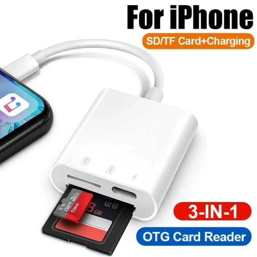 Adaptador para cartão de memória de iPhone da Apple, Lightning para leitor de cartão SD com portas de carregamento, visualizador de câmera para iPhone, iPad e Flash Drive