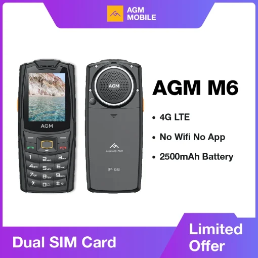 AGM M6, telemóvel robusto - Altifalante alto de 103 dB, ecrã de 2,4, 4G Dual SIM, bateria de 2500 mAh, BT5.1, rádio FM, IP68IP69K