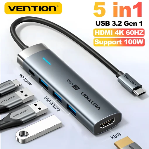 Adaptador 5 em 1 Vention USB-C 3.2 3.0