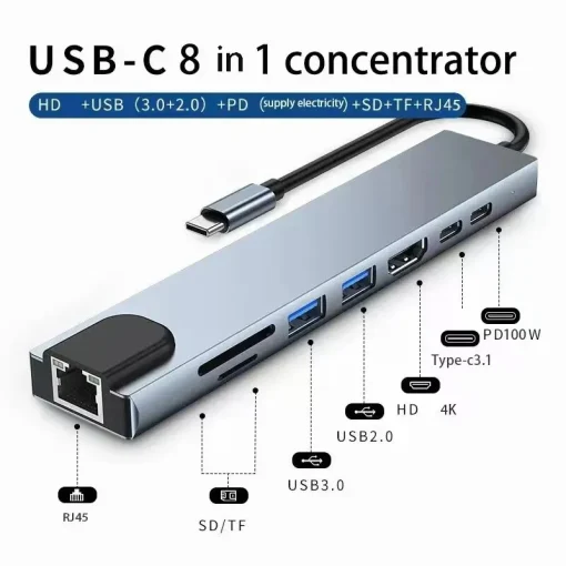 Adaptador Hub Usb 8 em 1 Tipo C 3.1 para 4K