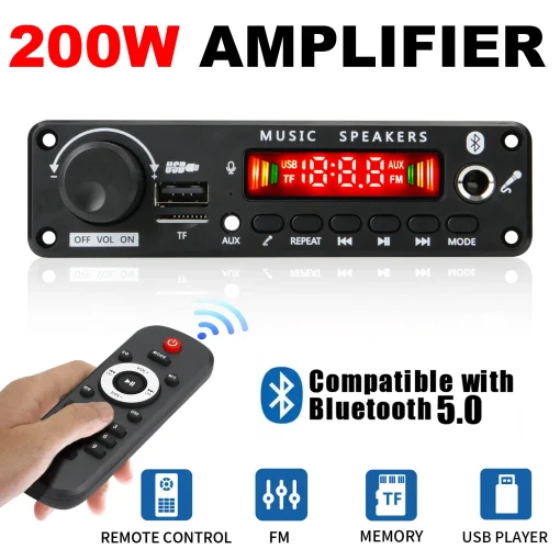 Amplificador Bluetooth 200W NOVO para USB com placa decodificadora MP3 WAV DC 12V 100W