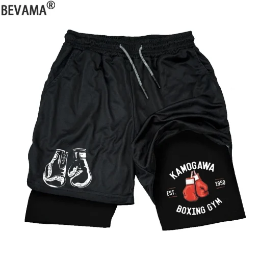 Bermuda masculina com compressão, calça esportiva com estampa de boxe, duas camadas, secagem rápida, basquete, praia, músculos, fitness