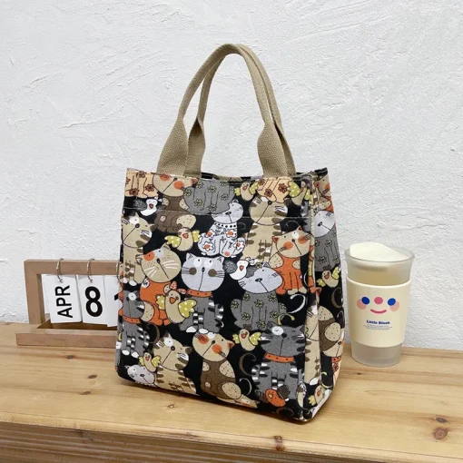 Bolsa com alça superior da moda com estampa de gato bonito, bolsa portátil para mães