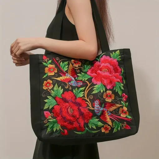 Bolsa de ombro de lona bordada com flores ao estilo étnico