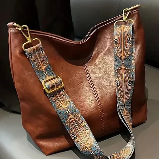 Bolsa transversal com alça geométrica larga de grande capacidade para mulheres, bolsa feminina retrô em couro PU para compras e viagens