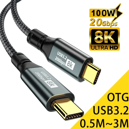 Cabo de Carregamento USB 3.2 20 Gbps Type C para Type C PD100 W