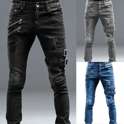 Calça Jeans Moda Hip Hop Preta Punk Masculina