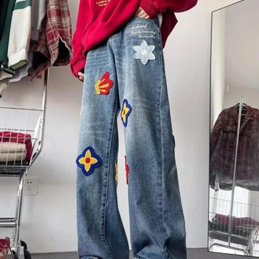 Calça jeans vintage Y2K outono com bordado de flor