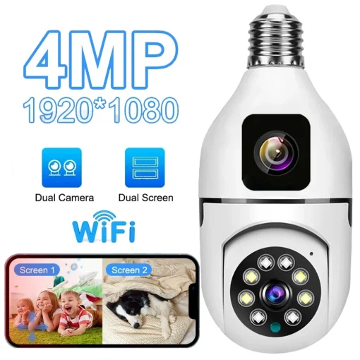 Câmera Bulbo Lente Dupla 4MP E27 APP V380 Wi-Fi 1080P