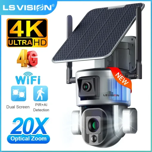 Câmera Solar WiFi 4G Externa LS VISION 4K com Zoom 20X