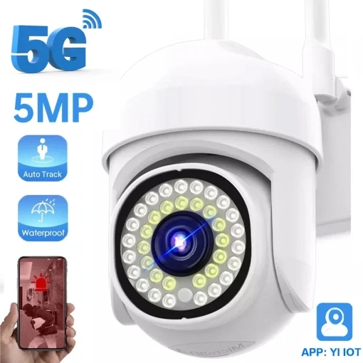 Câmera WiFi PTZ 5MP YI IoT 5G 2.4G Dupla Frequência