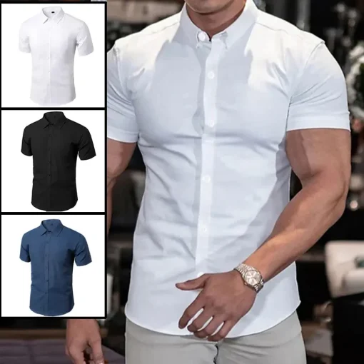 Camisa Cor Lisa Verão Masculina Sem Passar Mostra A Figura Casual Elegante Terno Curto XL-XXXL Preto Branco Azul Marinho