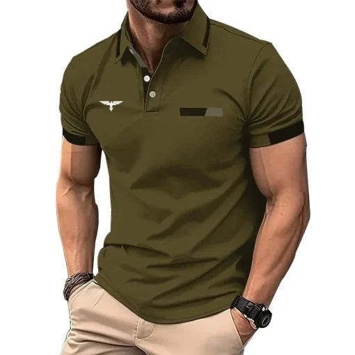 Camisa Polo de Verão Masculina com Estampa de Logo e Manga Curta em Poliéster P100, Estampa Digital 3D, Casual de Negócios e Gola Abaixada