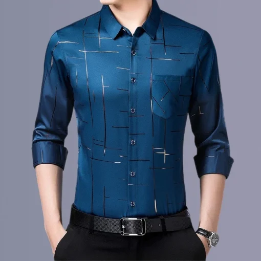 Camisa estampada de mangas compridas casual e moderna masculina, anti-vinco e anti-rugas