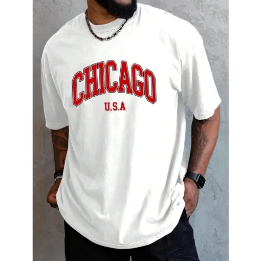 Camiseta Casual Estampada de Algodão Verão Masculina CHICAGO